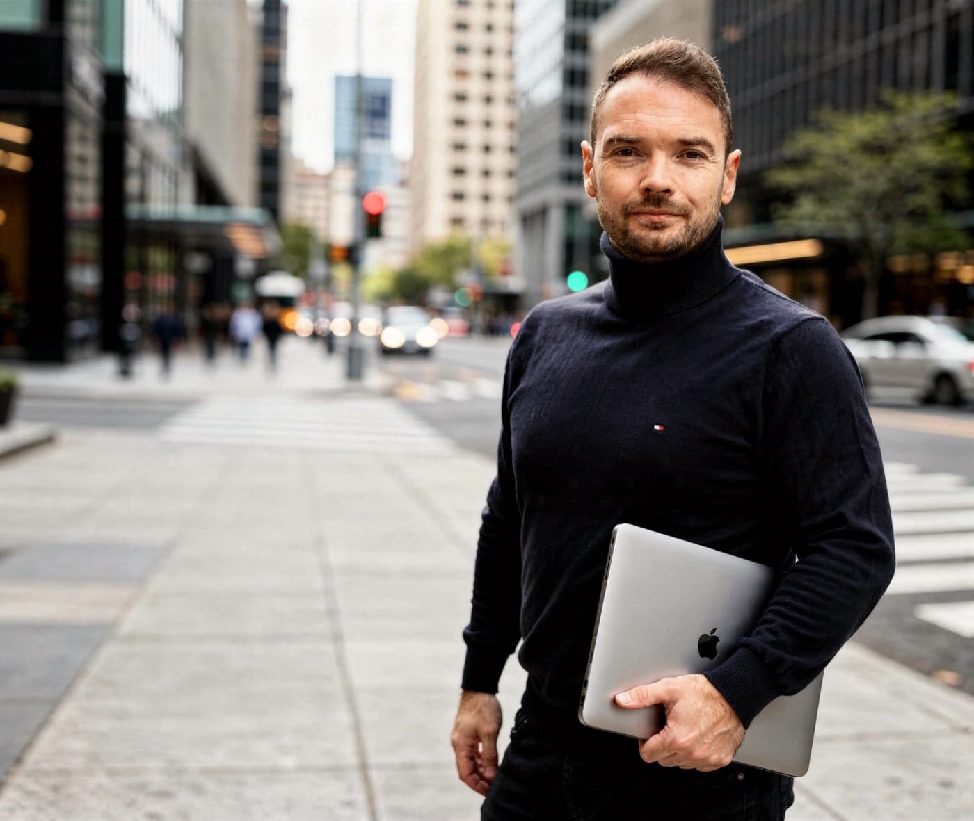 Porträt von Kevin Biernacik mit einem Laptop unter dem Arm auf einer Straße in Berlin